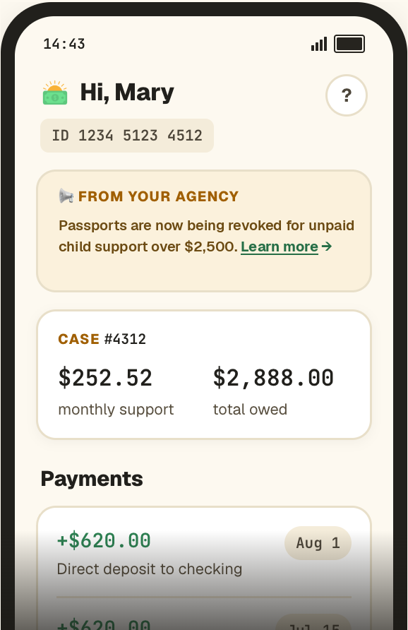 Sunny app home screen with an agency notice about passport revocation, the case balance, and recent payments