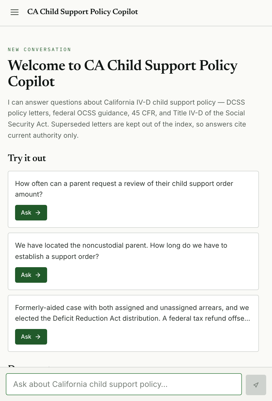 The Child Support Policy Copilot welcoming a caseworker with sample California policy questions